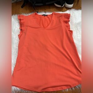 Adrianna Papell Coral Orange Sleeveless Ruffle V-Neck Blouse